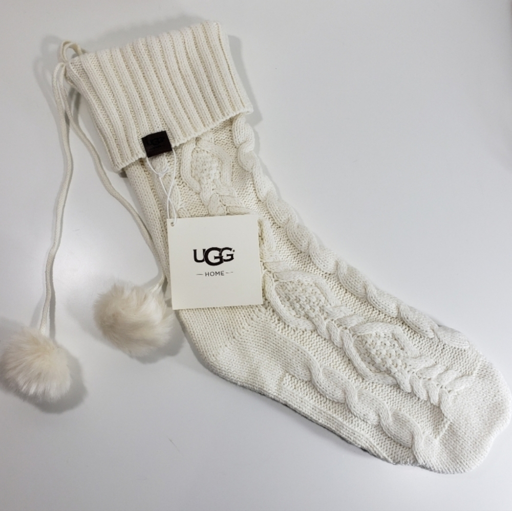 UGG Luxury Christmas Cream Cable Knit Stocking w/ Fuzzy Balls